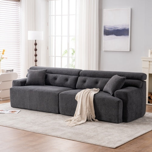 LY-029 GRAY COMPRESSION SOFA 4-seater Combined Sofa, Wood Grain Chenille Fabric, Full Sponge Compression Sofa,combined Sofa With 2 Pillows For Living Home Furniture Apartment
