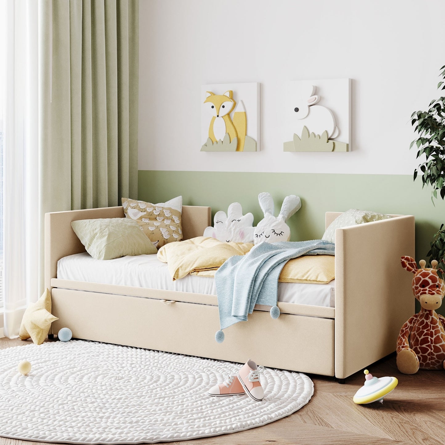 Twin Size Upholstered Daybed With Up Trundle, Beige