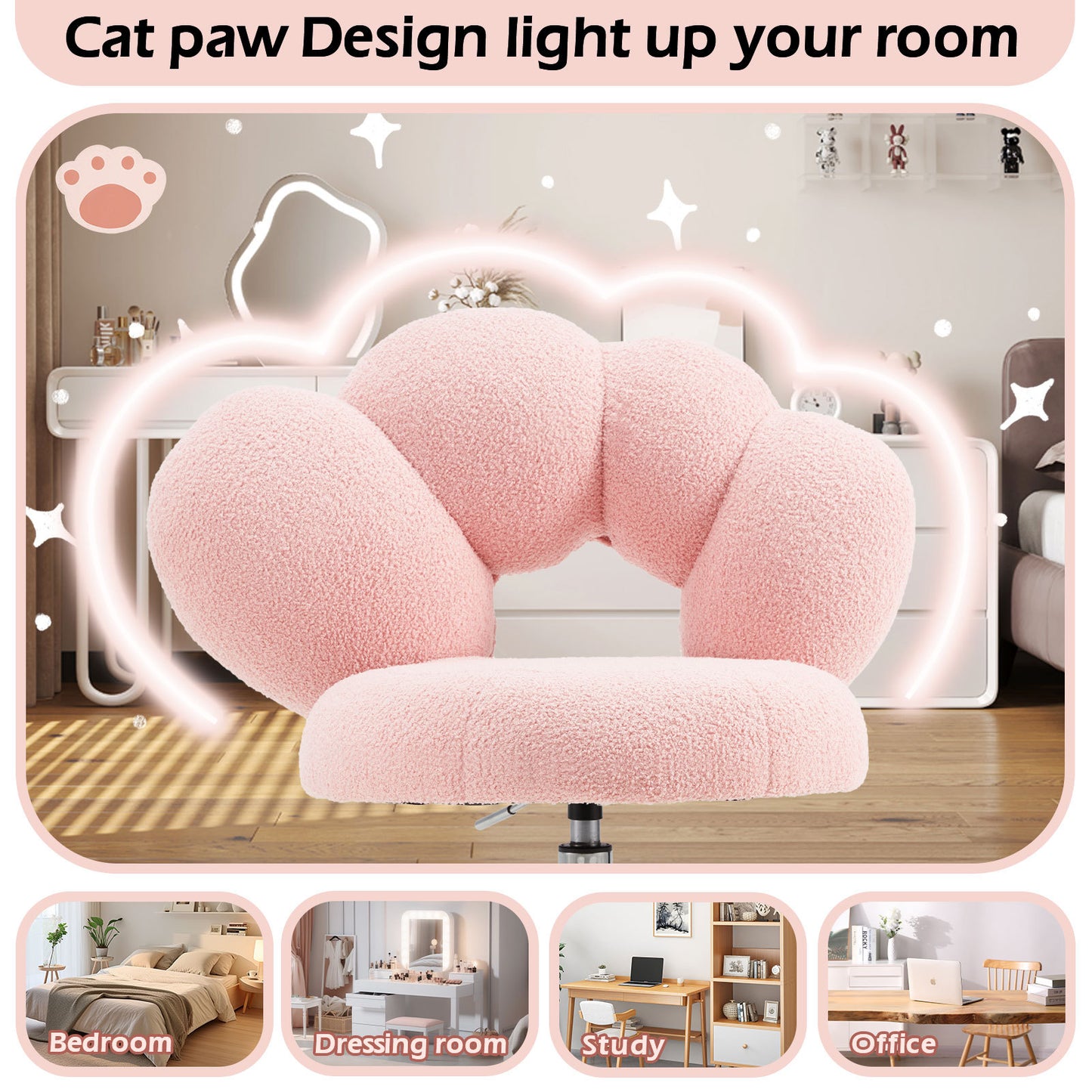 Armless Desk Chair Teddy Fabric Vanity Chair With Wheel