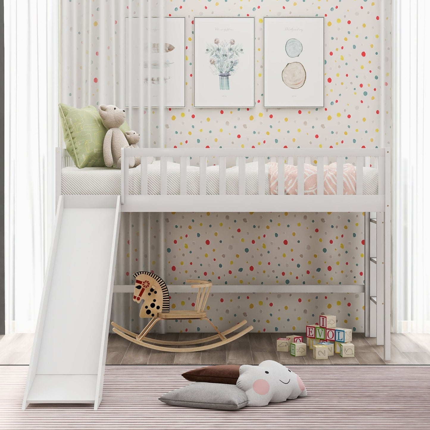 Twin Size Low Loft Bed With Ladder And Slide,White
