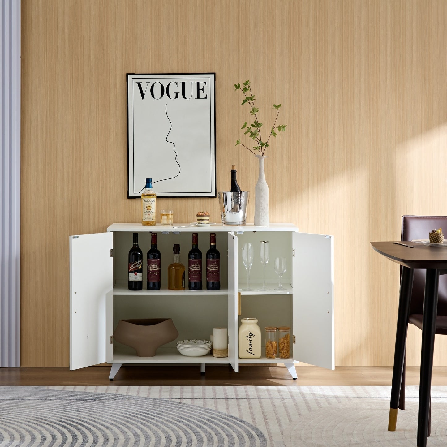 Sideboard Buffet Cabinet With 3 Doors And Removable Shelves, For Living Room, Dining Room, Ivory Whi