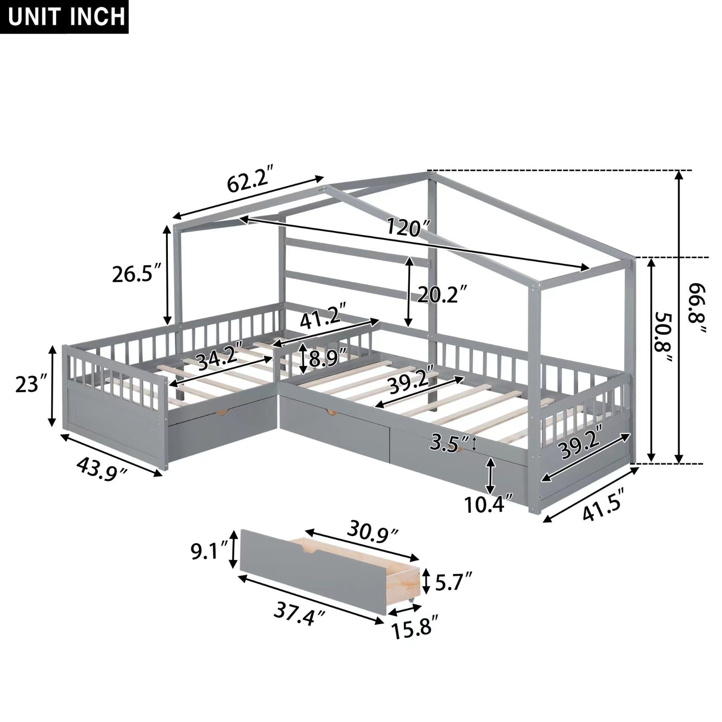 Twin Size House Platform Bed With Three Storage Drawers,Gray