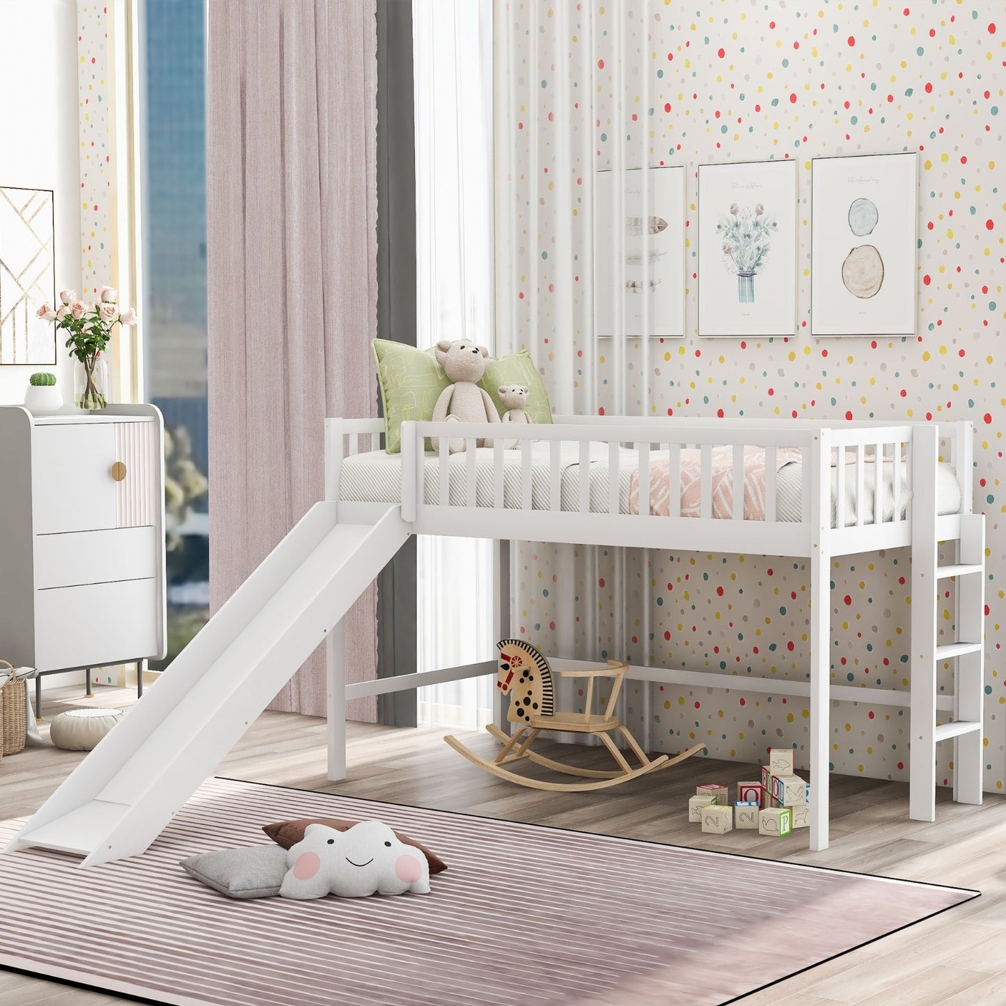 Twin Size Low Loft Bed With Ladder And Slide,White