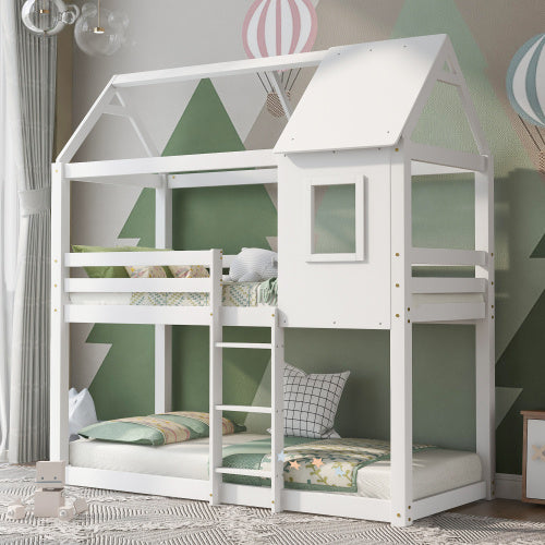 Bunk Bed, Children Cabin Bed, Single Bed For Kids, Twin Sleeper, Solid Pine Wood,3FT -White