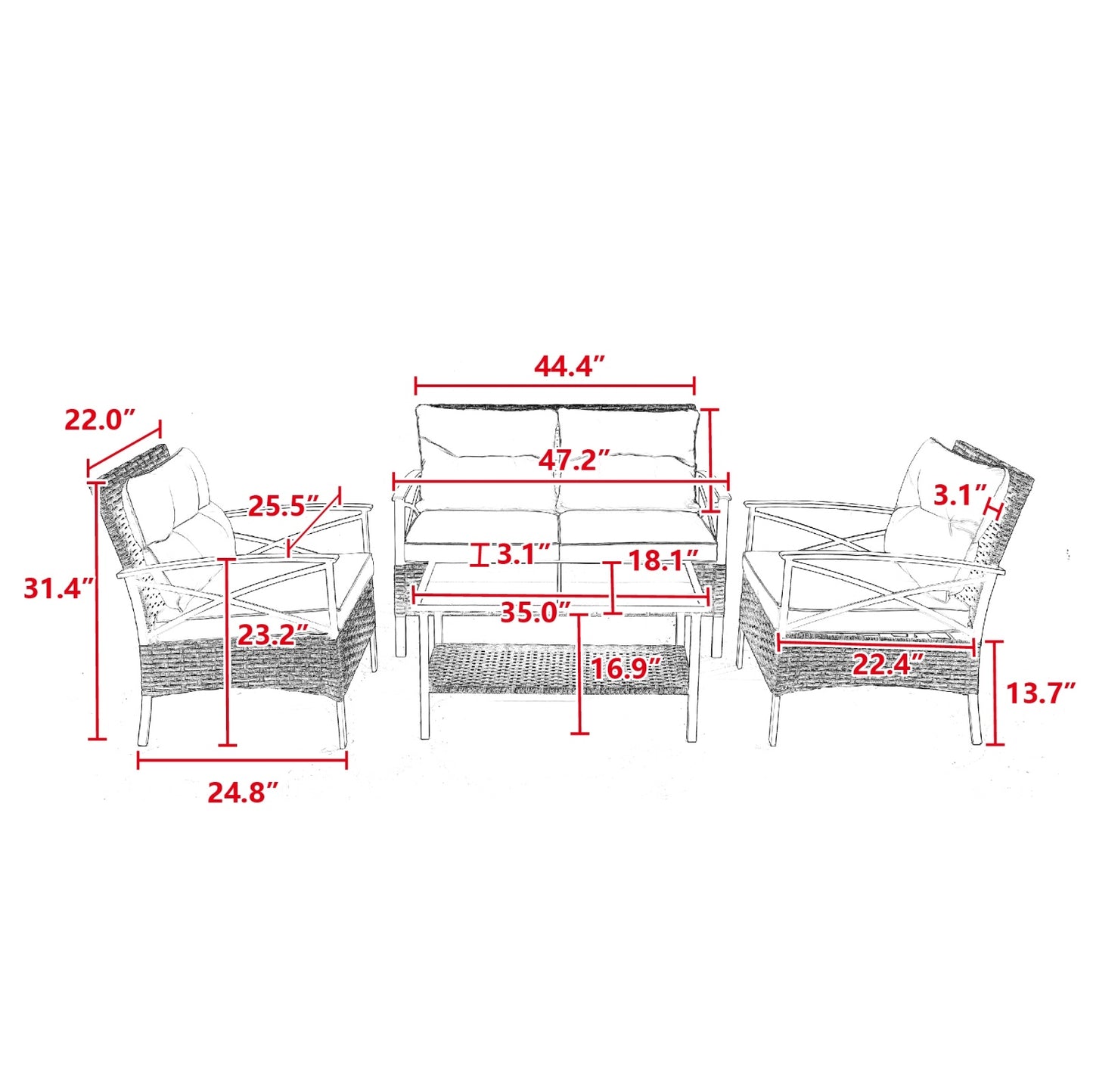 Patio 4Piece Sectional Sofa Set KD Rattan Wicker Outdoor Garden Furniture
