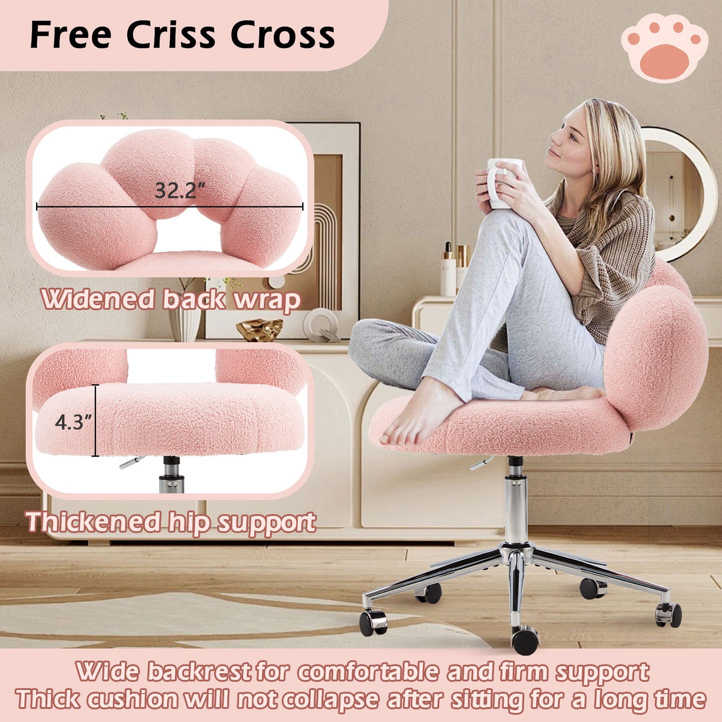 Armless Desk Chair Teddy Fabric Vanity Chair With Wheel