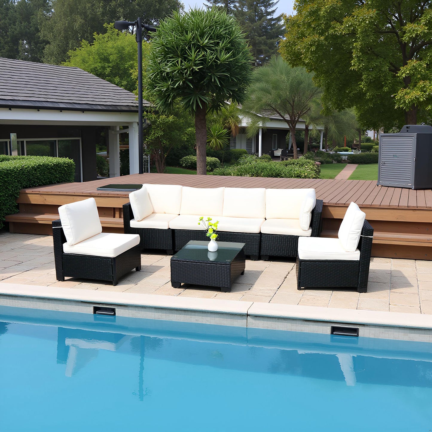 Hot Selling Seven-Piece Sofa Set Table With Sofa Chair Black PE Rattan Outdoor New Design Furniture 7-JH002 Box 3-1-2-3 With White Color Cushion