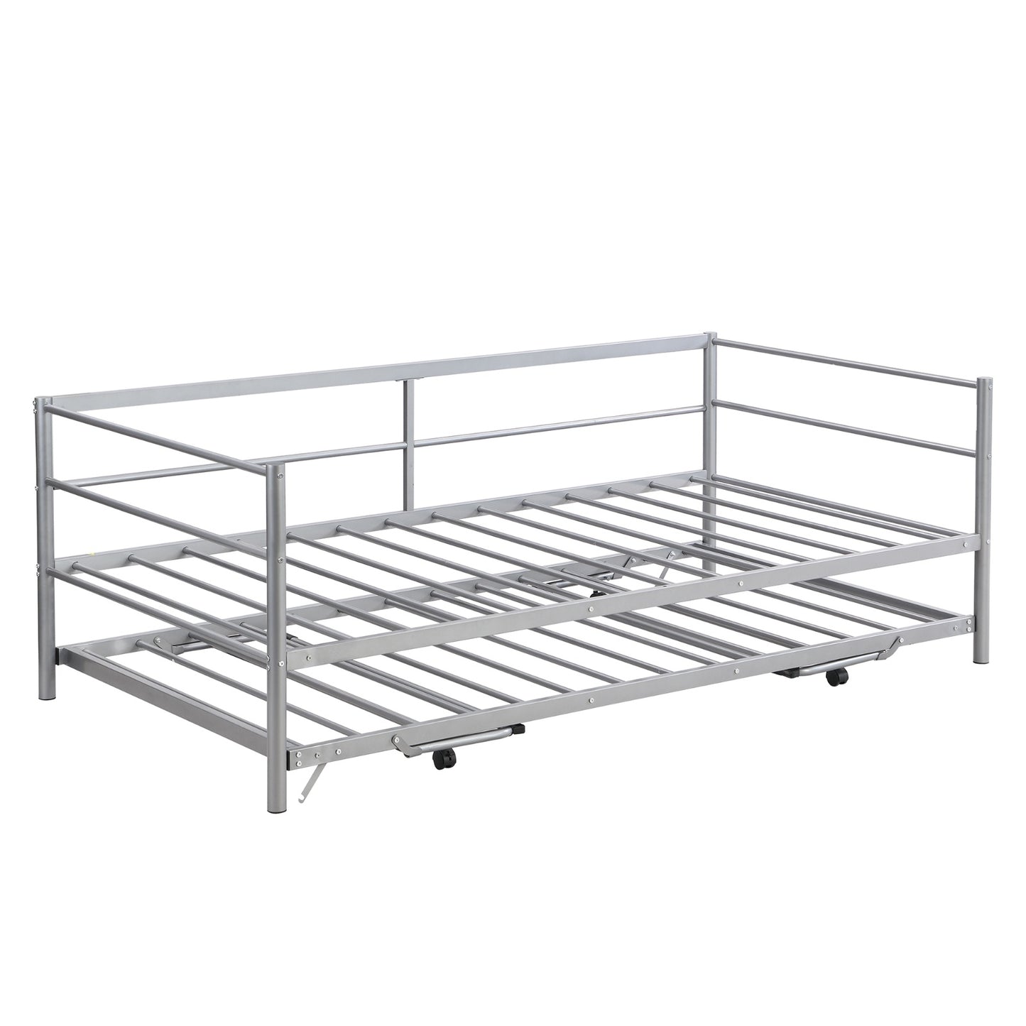 Twin Size Metal Daybed With Adjustable Trundle, Up Trundle, Silver