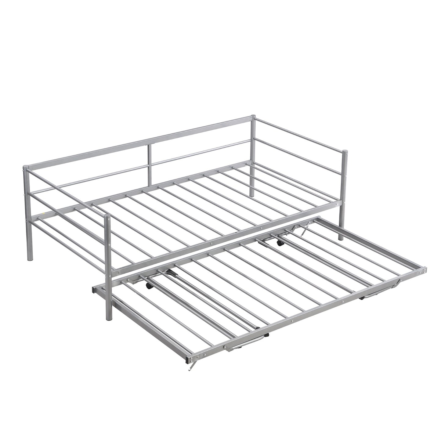 Twin Size Metal Daybed With Adjustable Trundle,  Up Trundle, Silver