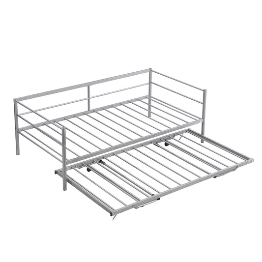 Twin Size Metal Daybed With Adjustable Trundle,  Up Trundle, Silver