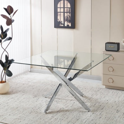 Chrome Dining Table With Cross Metal Leg And Glass,Modern Space Saving Kitchen Table For Living Room,120x120x75cm Square Glass