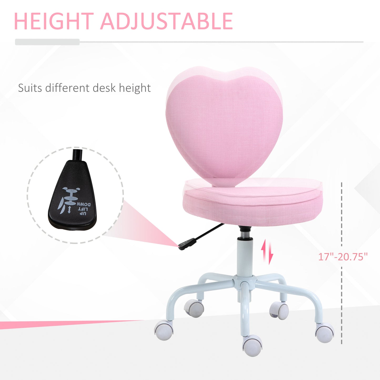 Love Shape Swivel Leisure Chair On Wheels Upholstery Home Office Computer Chair Linen Fabric Vanity Seat For Girls Women
