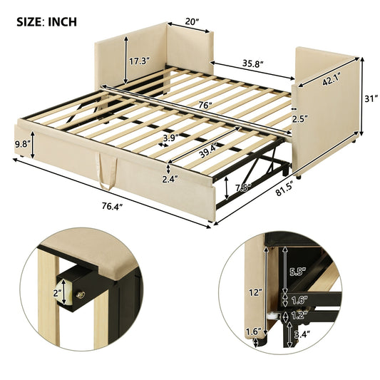 Twin Size Upholstered Daybed With  Up Trundle, Beige