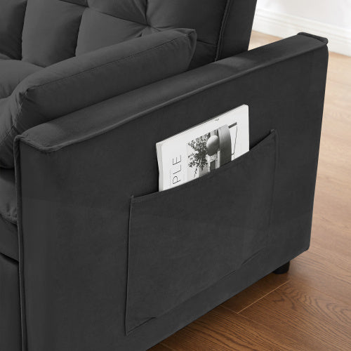 Modern Velvet Loveseat Futon Sofa Couch W Pullout Bed,Small Love Seat Lounge Sofa W Reclining Backrest,Toss Pillows, Pockets,Furniture For Living Room,3 In 1 Convertible Sleeper Sofa Bed, Black