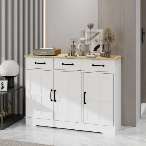 Farmhouse Buffet Cabinet Storage Sideboard With 3 Drawers And 3 Doors For Dining Room, Living Room, Kitchen Cupboards - White