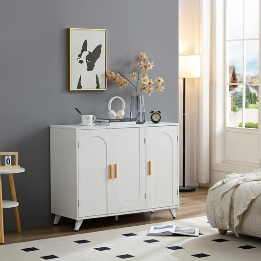 Sideboard Buffet Cabinet With 3 Doors And Removable Shelves, For Living Room, Dining Room, Ivory Whi