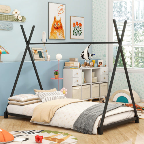 Metal Twin Size House Platform Bed With Triangle Structure