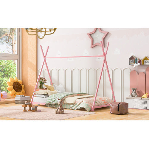 Metal Twin Size House Platform Bed With Triangle Structure