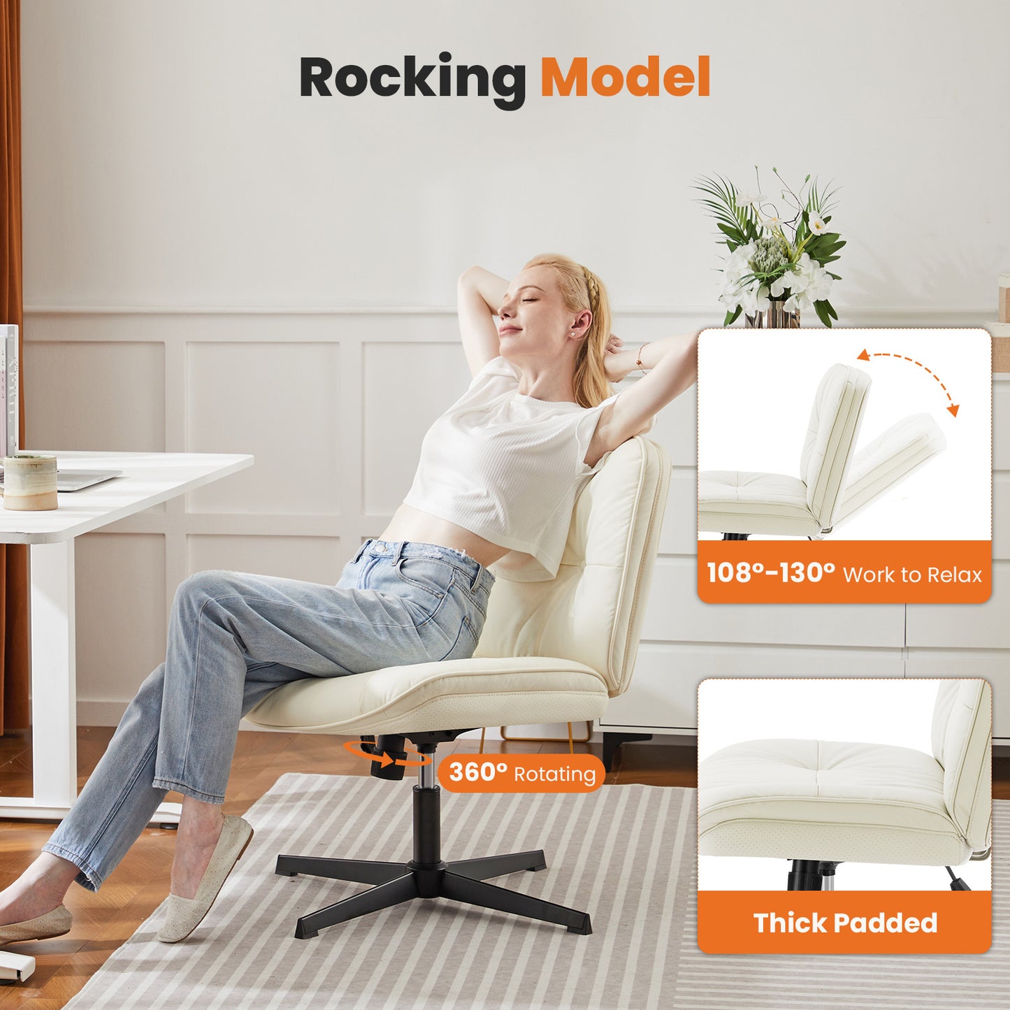 Criss Cross Legged Chair, Armless Office Desk Wide Seat No Wheels, Swivel Height Adjustable Comfy