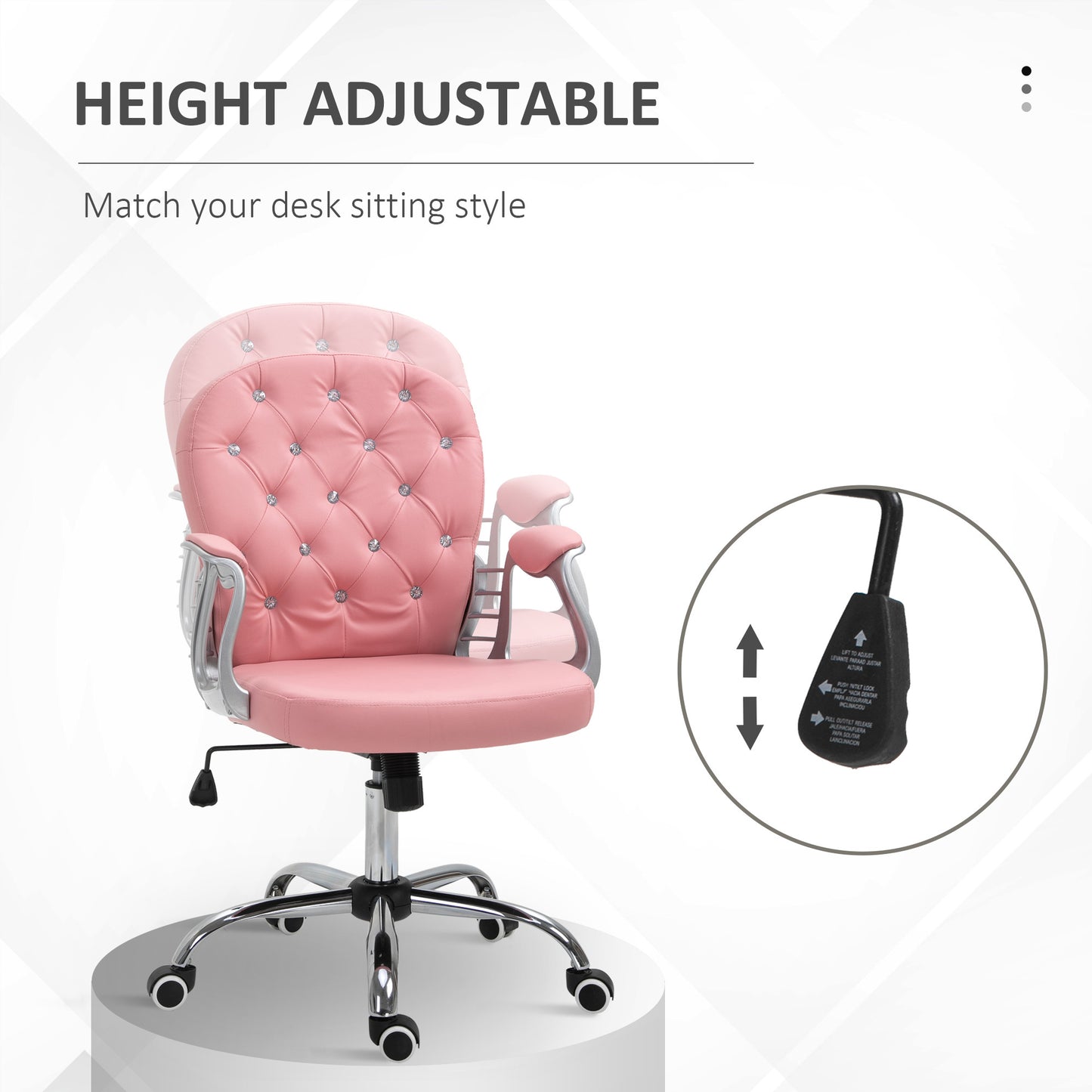 Vinsetto Vanity PU Leather Office Chair, Mid Back, Tufted Swivel Task Chair, Adjustable Height, Pink