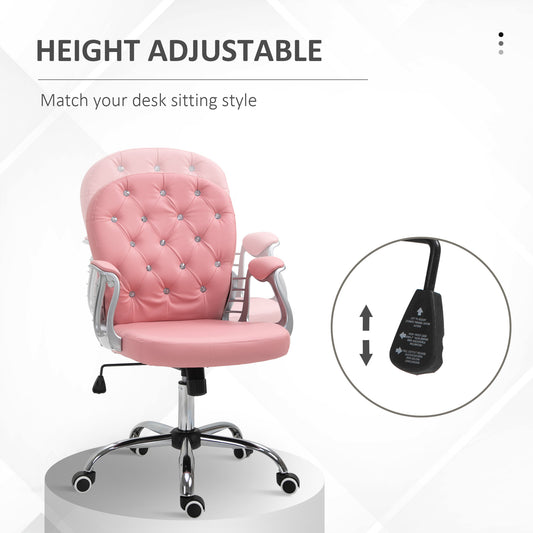 Vinsetto Vanity PU Leather Office Chair, Mid Back, Tufted Swivel Task Chair, Adjustable Height, Pink