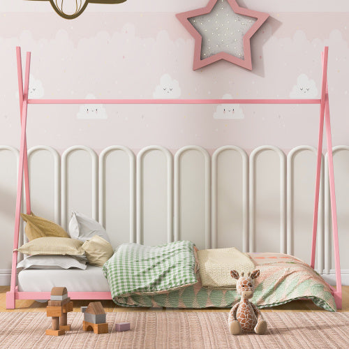 Metal Twin Size House Platform Bed With Triangle Structure