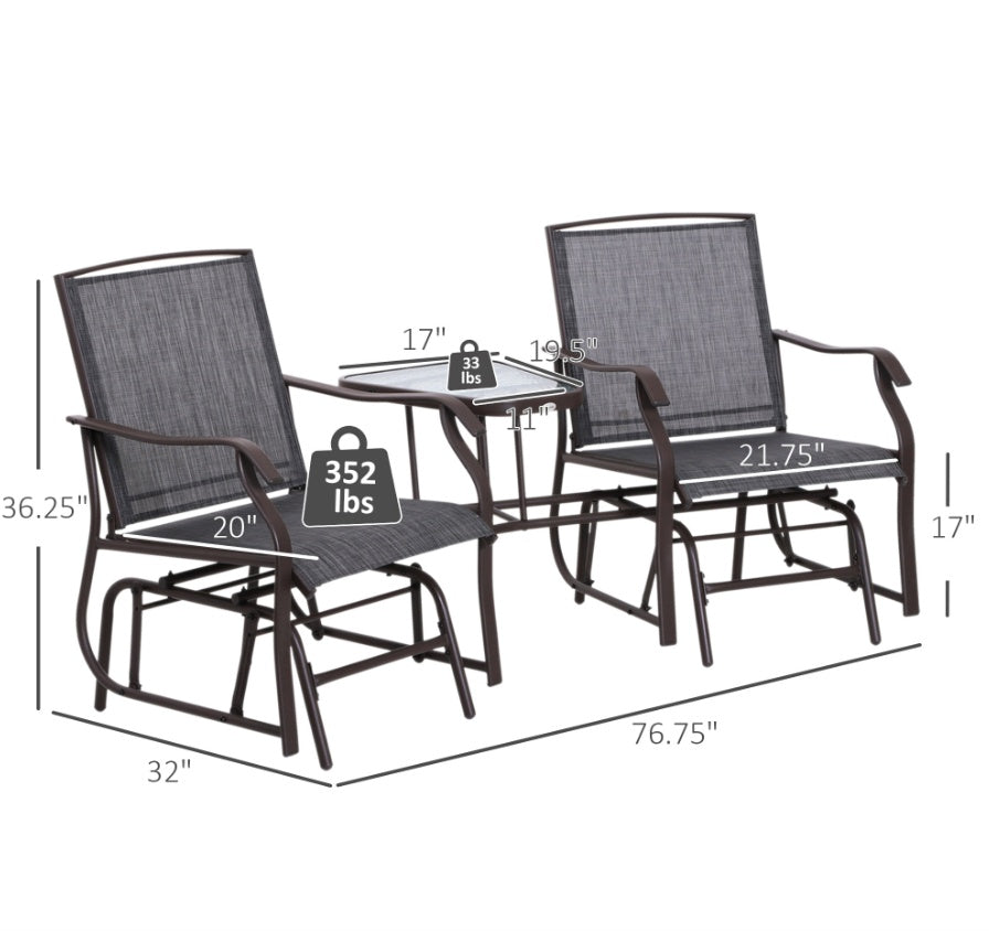 Outdoor Glider Swing 2-Seat Independent Chairs Grey With Center Coffee Table