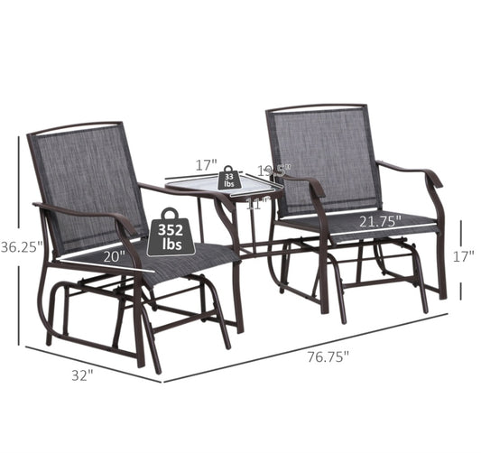 Outdoor Glider Swing 2-Seat Independent Chairs Grey With Center Coffee Table
