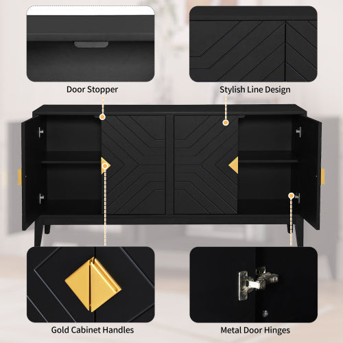 4-door Sideboard Storage Cabinet For Living And Dining Room, Two Large Cabinets With Gold Handle And Adjustable Shelves, Black