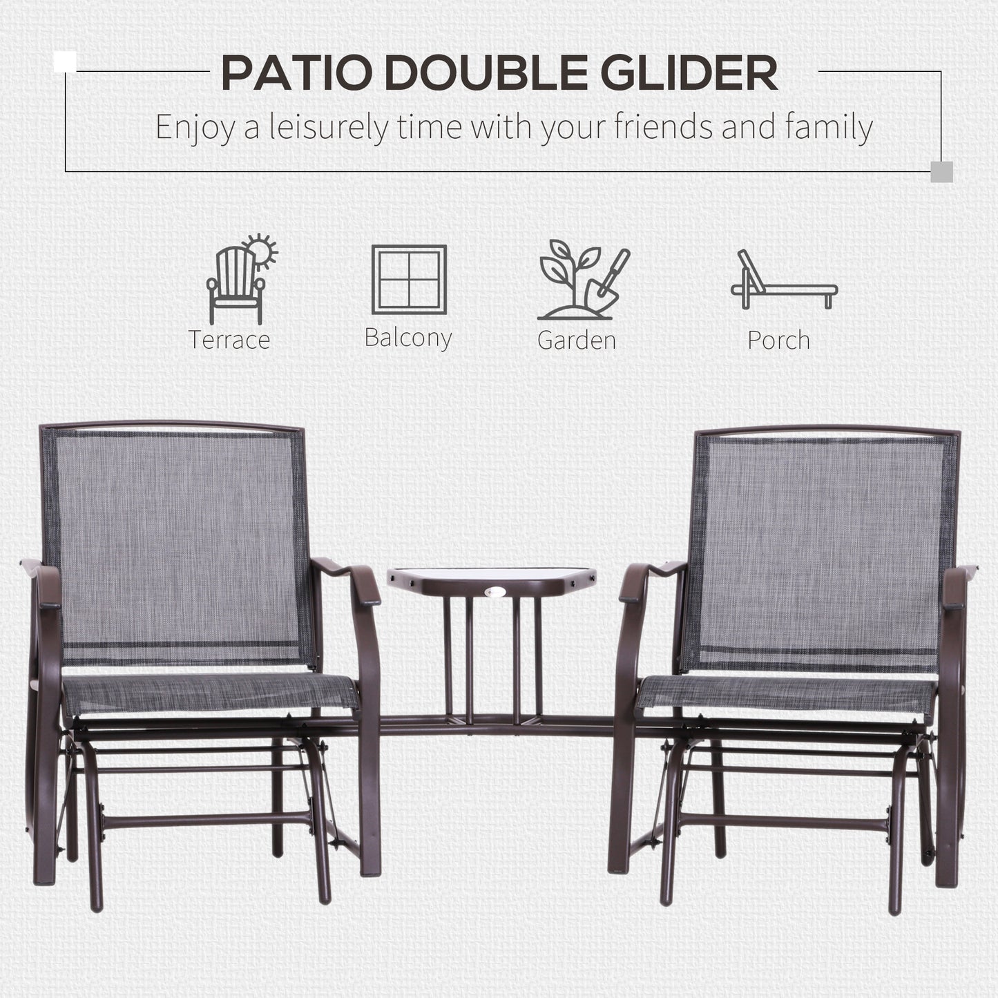 Outdoor Glider Swing 2-Seat Independent Chairs Grey With Center Coffee Table