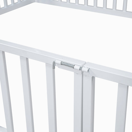 Full Size Metal House Bed With Fence And Door, White