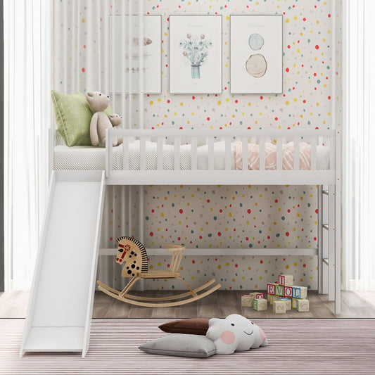 Twin Size Low Loft Bed With Ladder And Slide,White