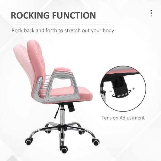 Vinsetto Vanity PU Leather Office Chair, Mid Back, Tufted Swivel Task Chair, Adjustable Height, Pink