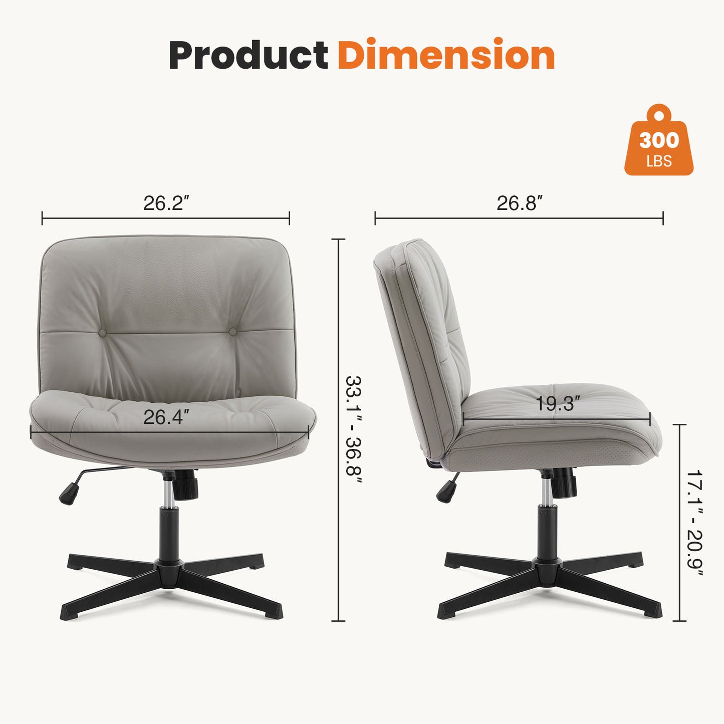 Criss Cross Legged Chair, Armless Office Desk Wide Seat No Wheels, Swivel Height Adjustable Comfy