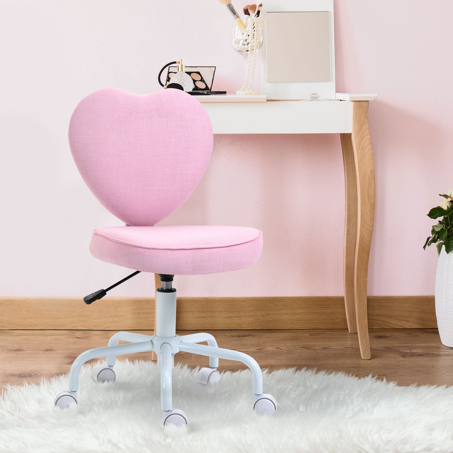 Love Shape Swivel Leisure Chair On Wheels Upholstery Home Office Computer Chair Linen Fabric Vanity Seat For Girls Women