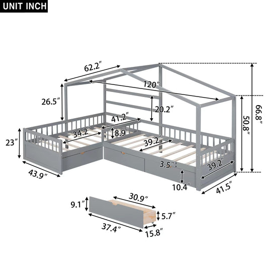 Twin Size House Platform Bed With Three Storage Drawers,Gray