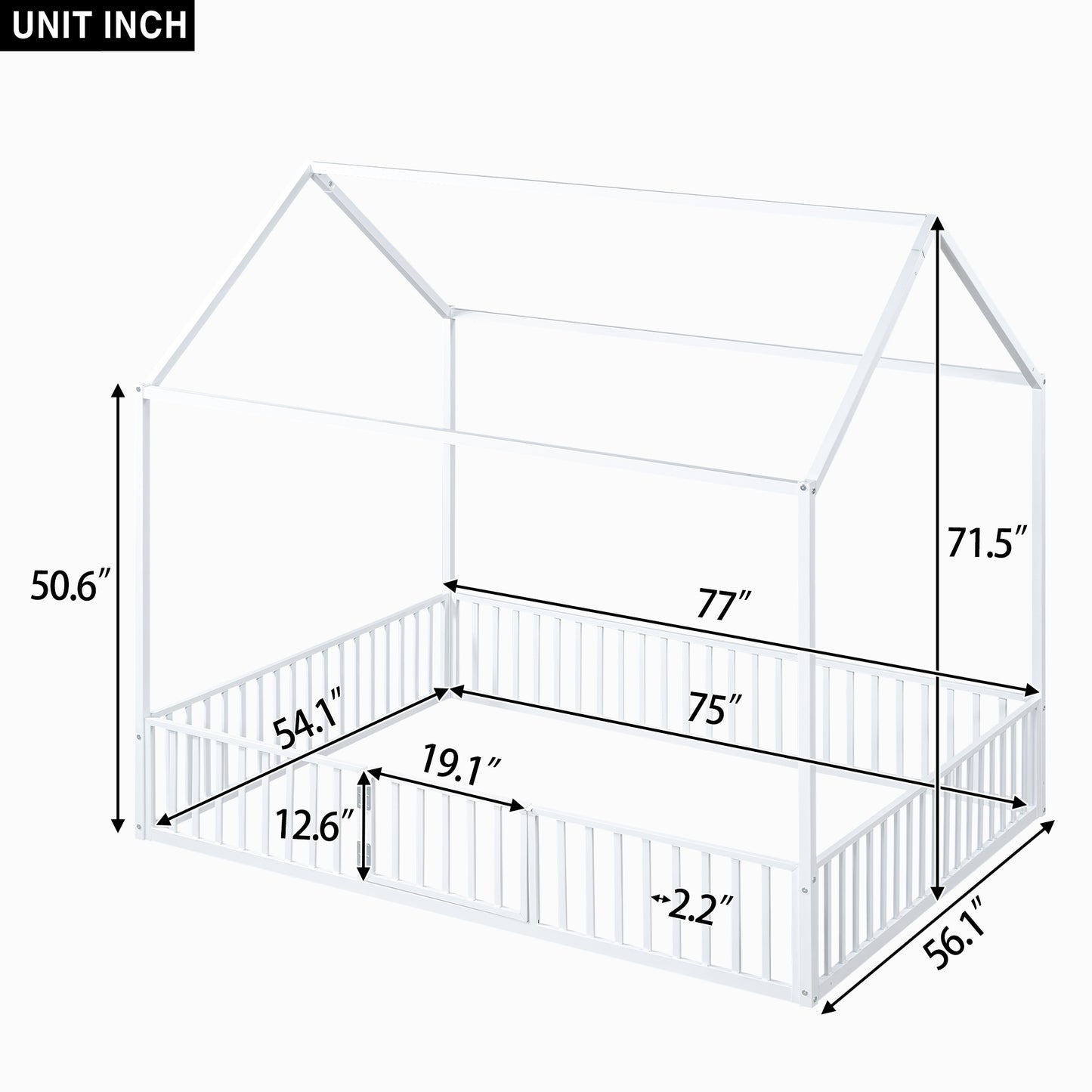 Full Size Metal House Bed With Fence And Door, White