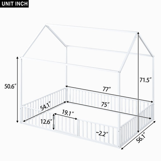 Full Size Metal House Bed With Fence And Door, White