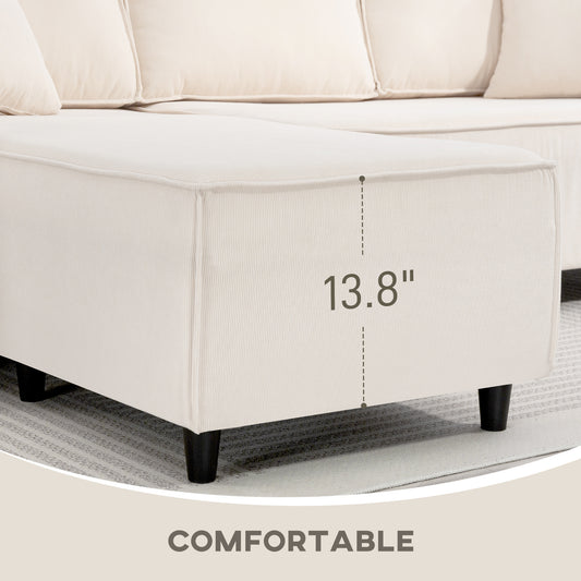 Corner Sofa With Reversible Chaise Lounge, Corduroy L-Shaped Sectional Sofa With Pocket Spring, Cream White