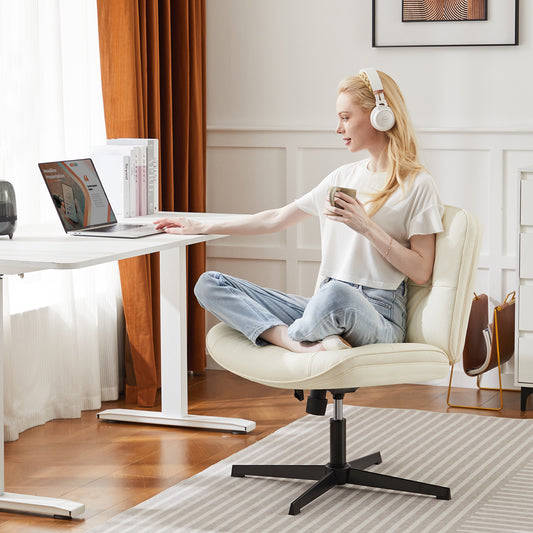Criss Cross Legged Chair, Armless Office Desk Wide Seat No Wheels, Swivel Height Adjustable Comfy