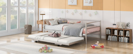 Twin Size Metal Daybed With Adjustable Trundle,  Up Trundle, Silver