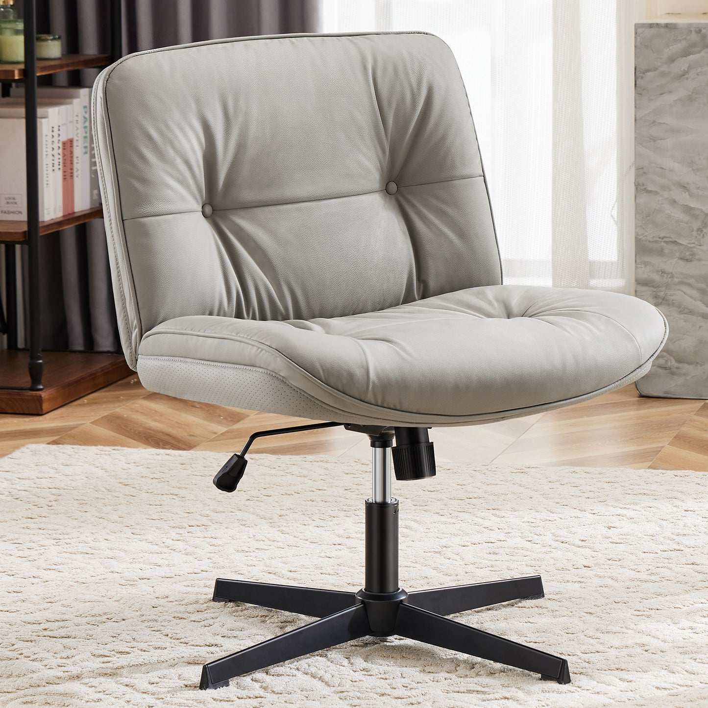 Criss Cross Legged Chair, Armless Office Desk Wide Seat No Wheels, Swivel Height Adjustable Comfy