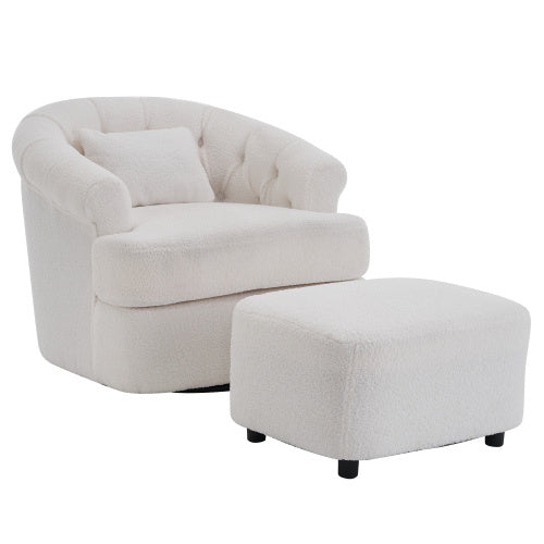 Swivel Chair With Ottoman, Modern Luxury Velvet Swivel Accent Chair, Comfy Round Armchair, Single Sofa Armchair With Lounge Seat For Bedroom Office Reading Spaces,Set Of 1,Off White