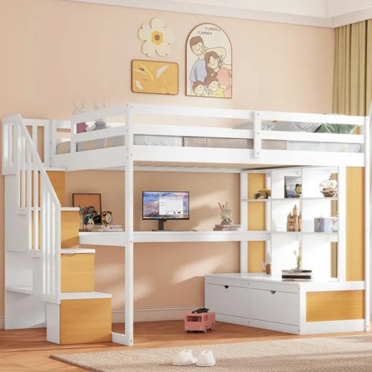 Full Size Loft Bed With Desk And Shelves