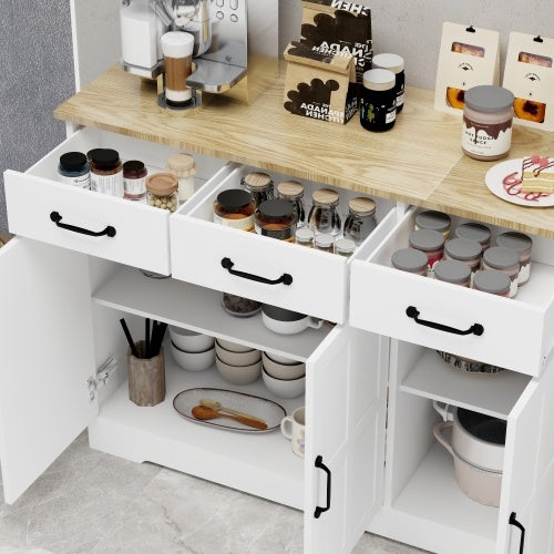 Farmhouse Buffet Cabinet Storage Sideboard With 3 Drawers And 3 Doors For Dining Room, Living Room, Kitchen Cupboards - White