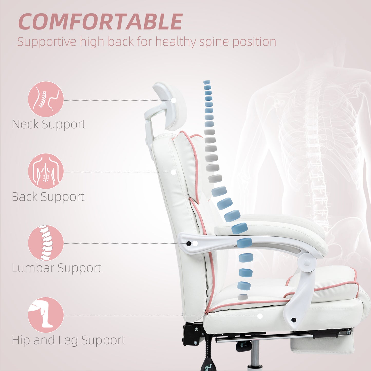 PU Leather Office Chair, Executive Desk Chair With Headrest, Foot Rest, Swivel Wheels, Reclining Computer Chair, White
