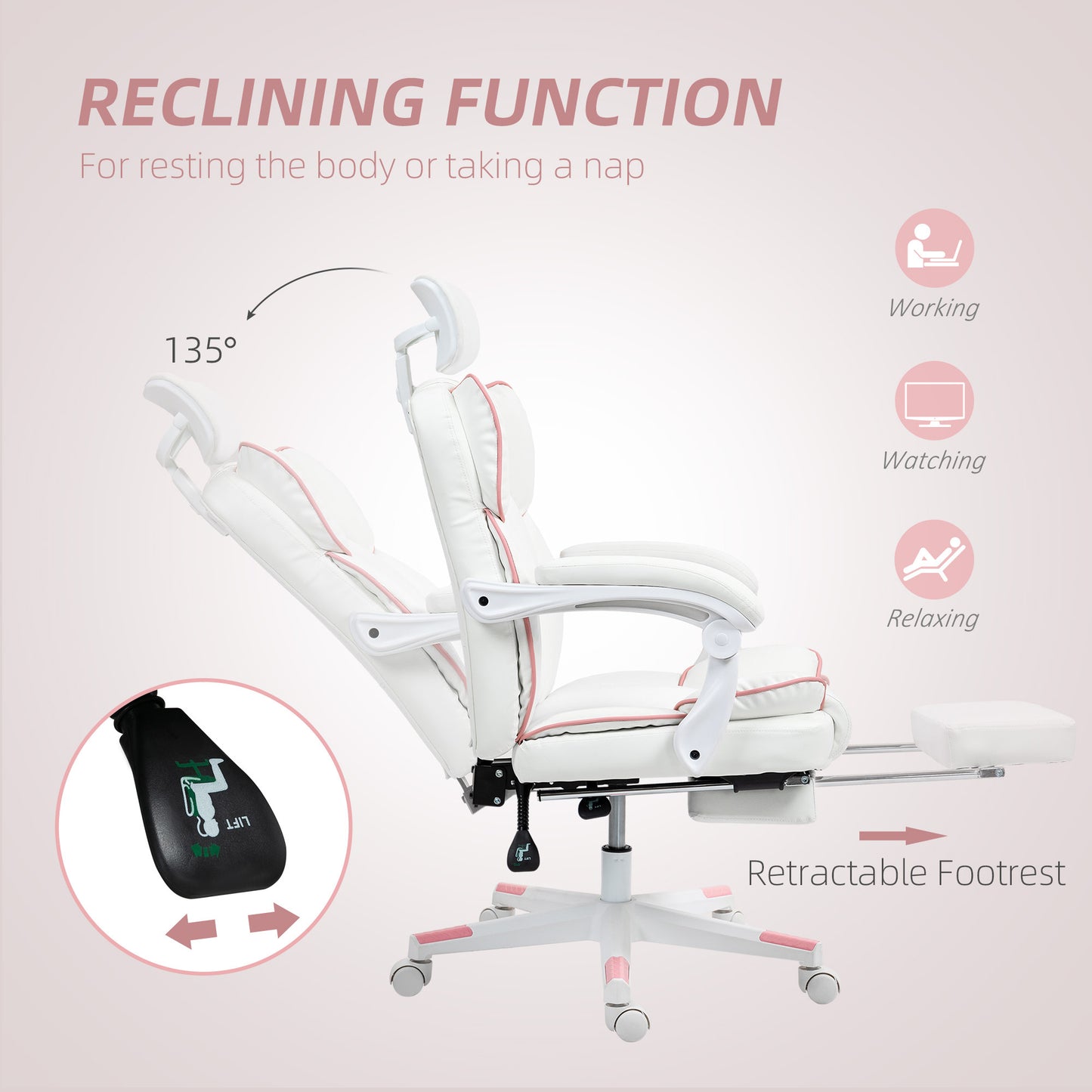 PU Leather Office Chair, Executive Desk Chair With Headrest, Foot Rest, Swivel Wheels, Reclining Computer Chair, White