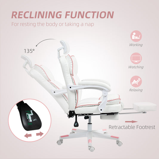 PU Leather Office Chair, Executive Desk Chair With Headrest, Foot Rest, Swivel Wheels, Reclining Computer Chair, White