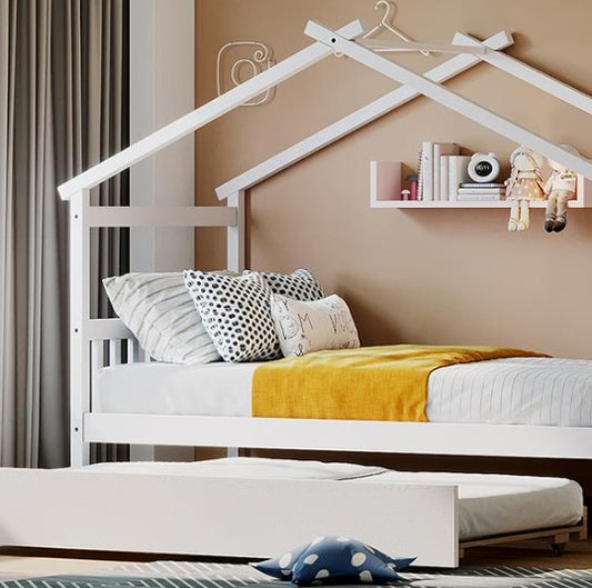 Single Wooden House Bed With Single Roller Bed, White