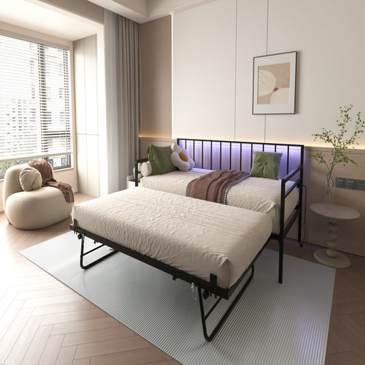 Double Sofa Bed With RGB LED Lights And Charging Station, Height Adjustable Sofa Bed Frame With Rollers, Suitable For Multifunctional Metal Sofa Bed Frame In Bedrooms, Living Rooms, And Guest Rooms, B